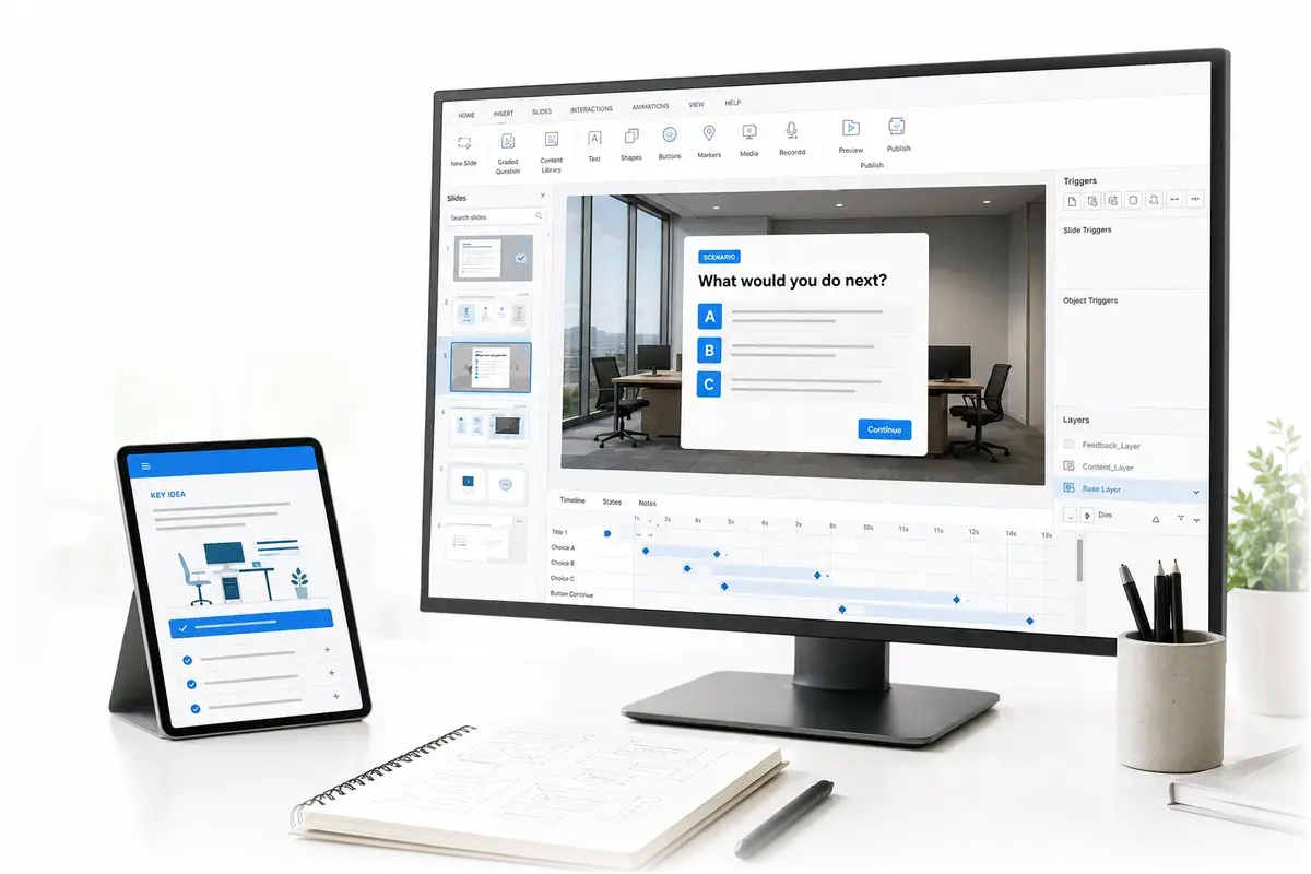 An interactive eLearning course open in an authoring workspace, showing a branching scenario, slide structure, triggers and a responsive preview