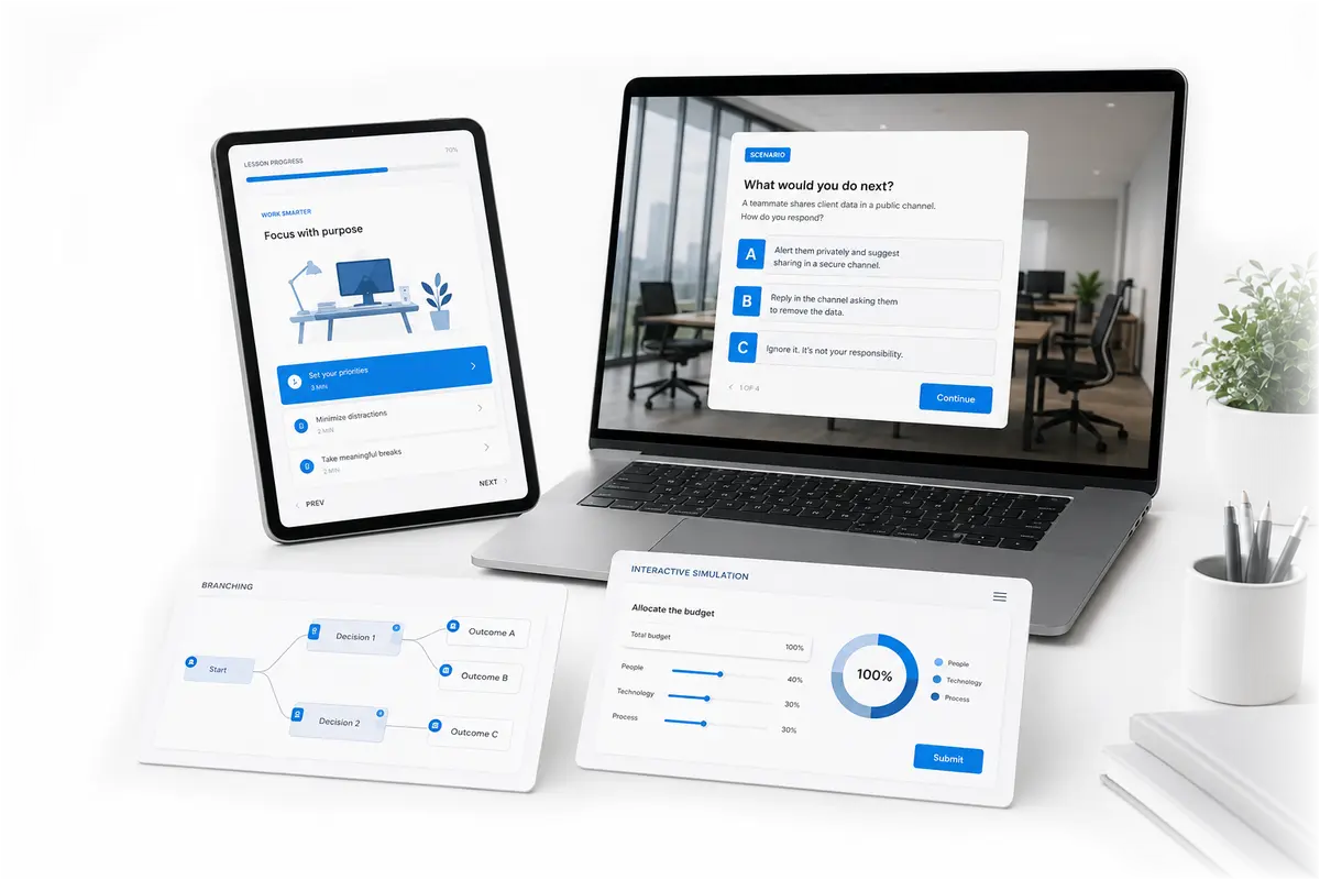 A portfolio of interactive eLearning projects shown across a laptop, tablet, branching map, and simulation interface